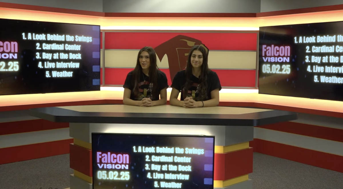 Anchors Jamie Crowley and Karina Shukla host this week's Falcon Vision. The show aired during third period on Friday, May 2. Photo courtesy of Vincent McKeever.